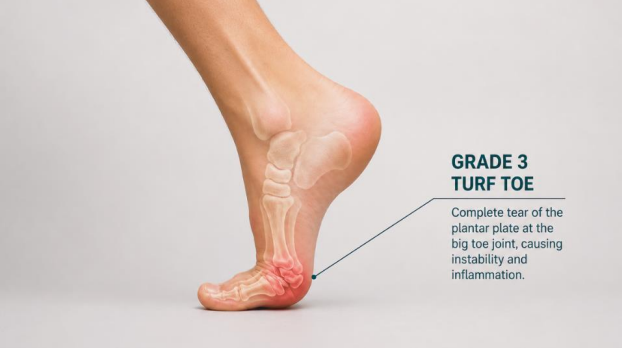 Grade 3 turf toe illustration showing big toe joint injury and inflammation