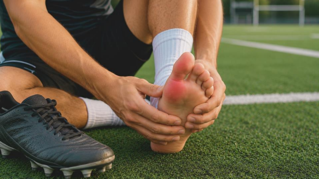 Grade 3 turf toe with athlete holding injured big toe on football field