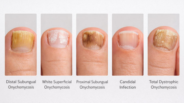 different types of toenail fungus comparison with labeled nail examples
