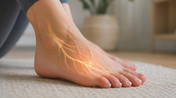 Close-up of vibrating feeling in foot with subtle nerve sensation highlight