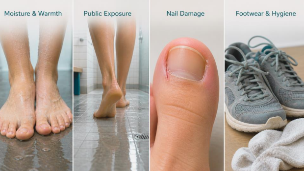 What causes toenail fungus showing moisture, public exposure, nail damage, and footwear factors
